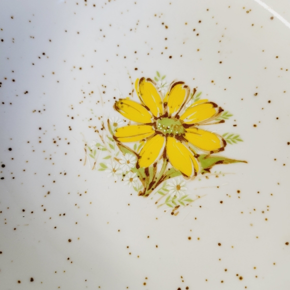 Takahashi Pottery Bowl Daisy Print Speckled White Yellow Floral Brown Rim - Picture 4 of 11